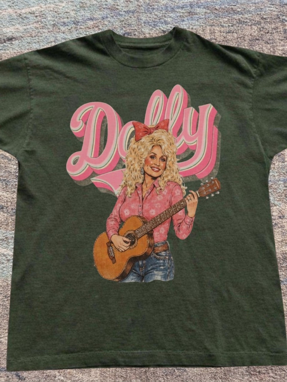 Gildan Dark Green Dolly Graphic Tee with Pink Print